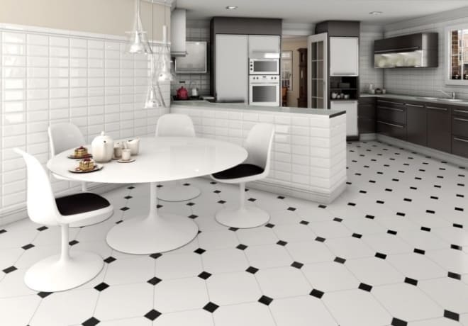 Интерьер кухни с плиткой на полу